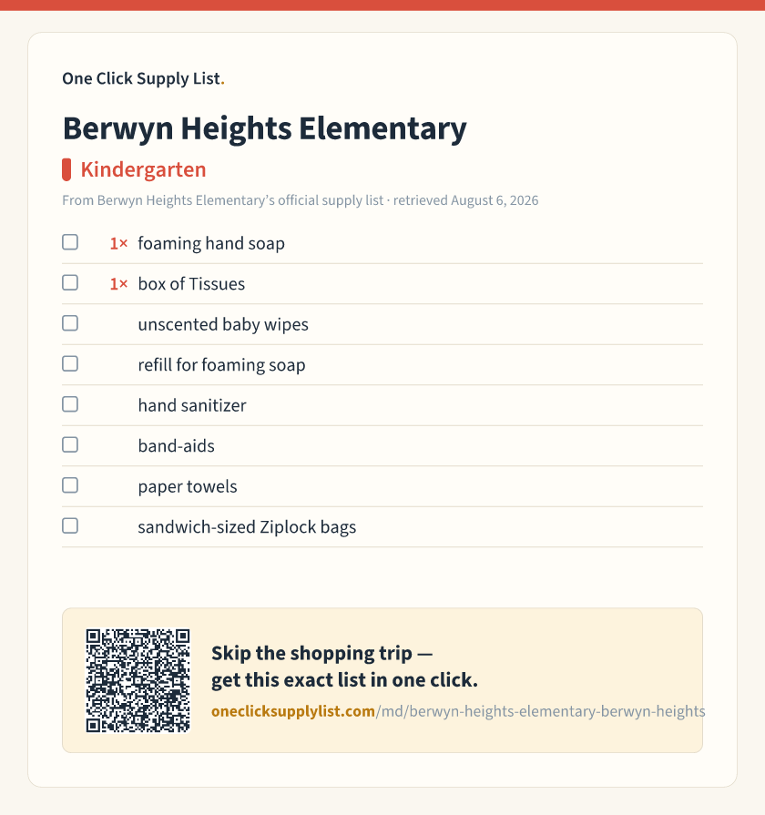 Berwyn Heights Elementary Kindergarten supply list — printable image