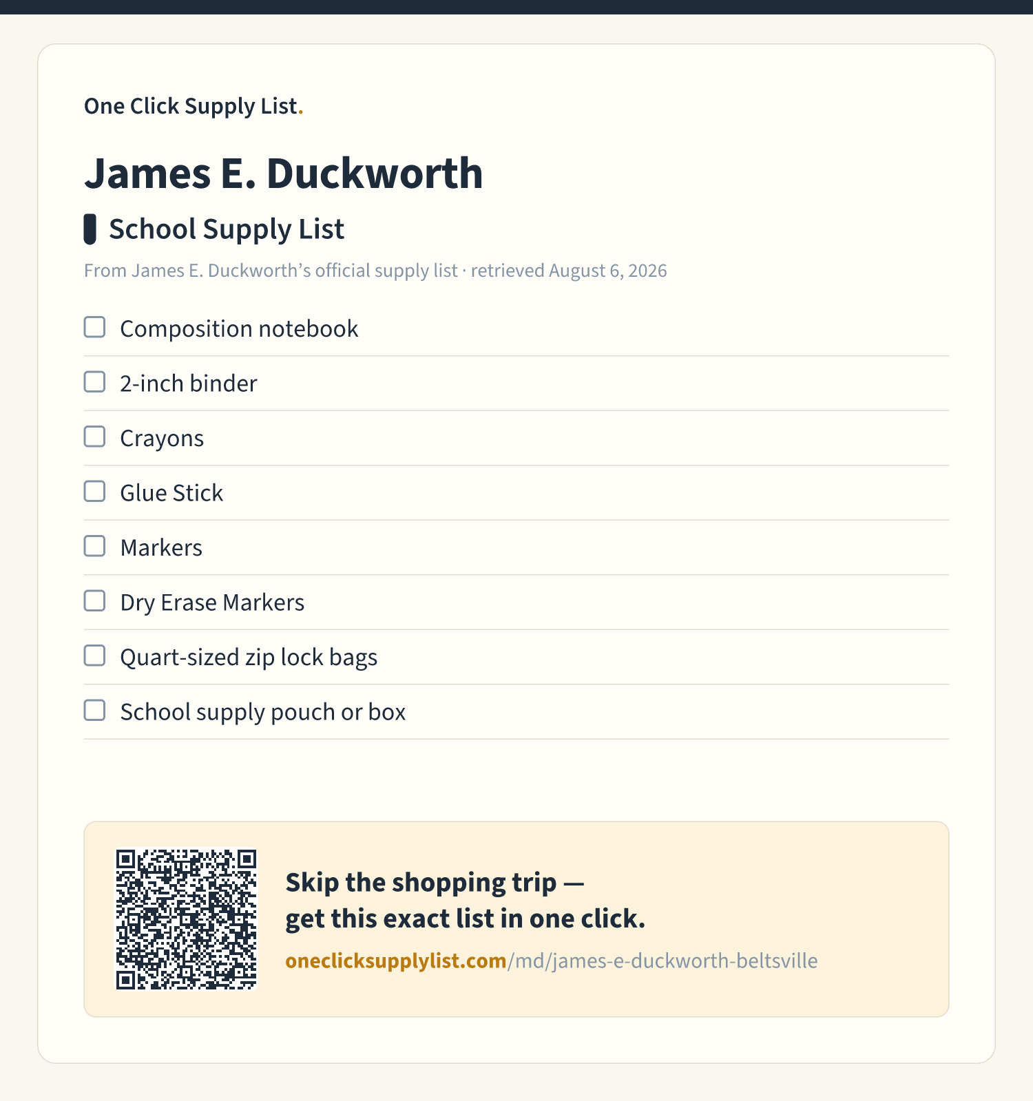 James E. Duckworth School Supply List supply list — printable image