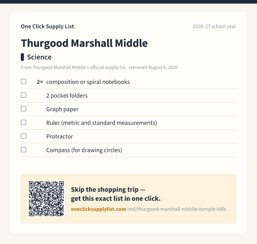 Thurgood Marshall Middle Science supply list — printable image
