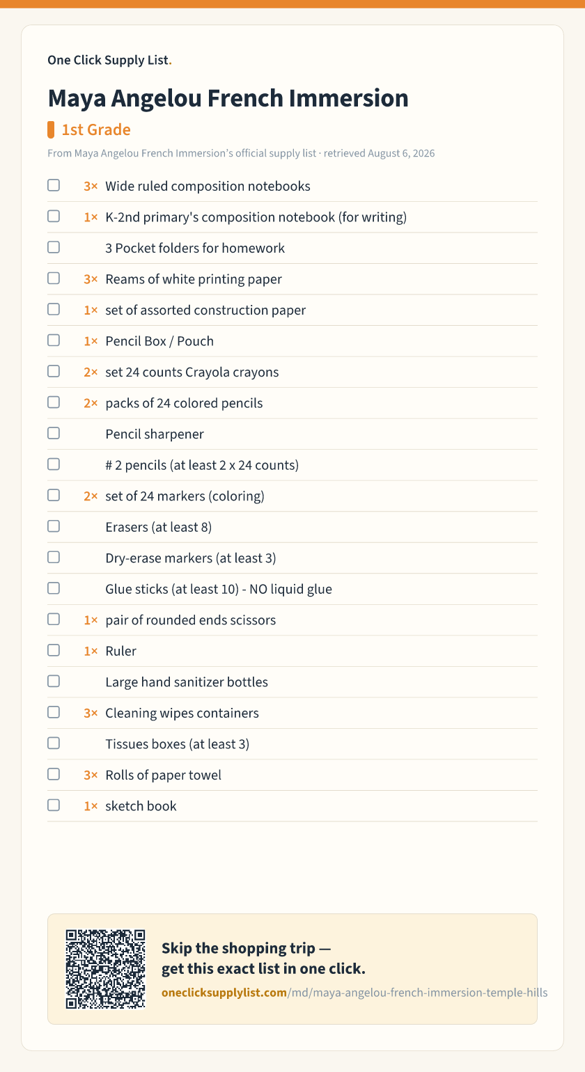 Maya Angelou French Immersion 1st Grade supply list — printable image
