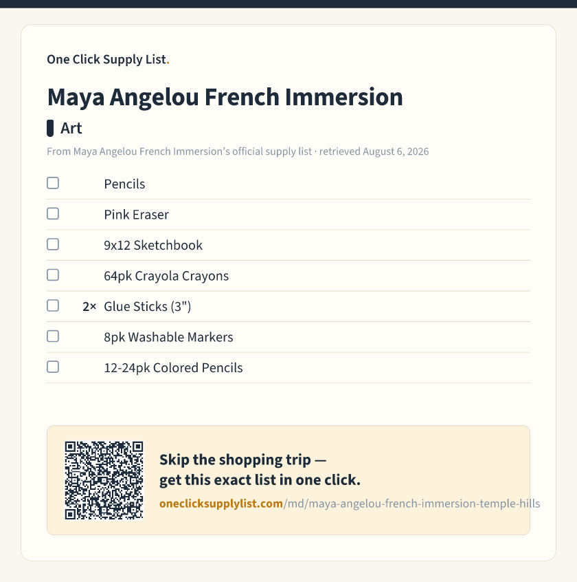Maya Angelou French Immersion Art supply list — printable image
