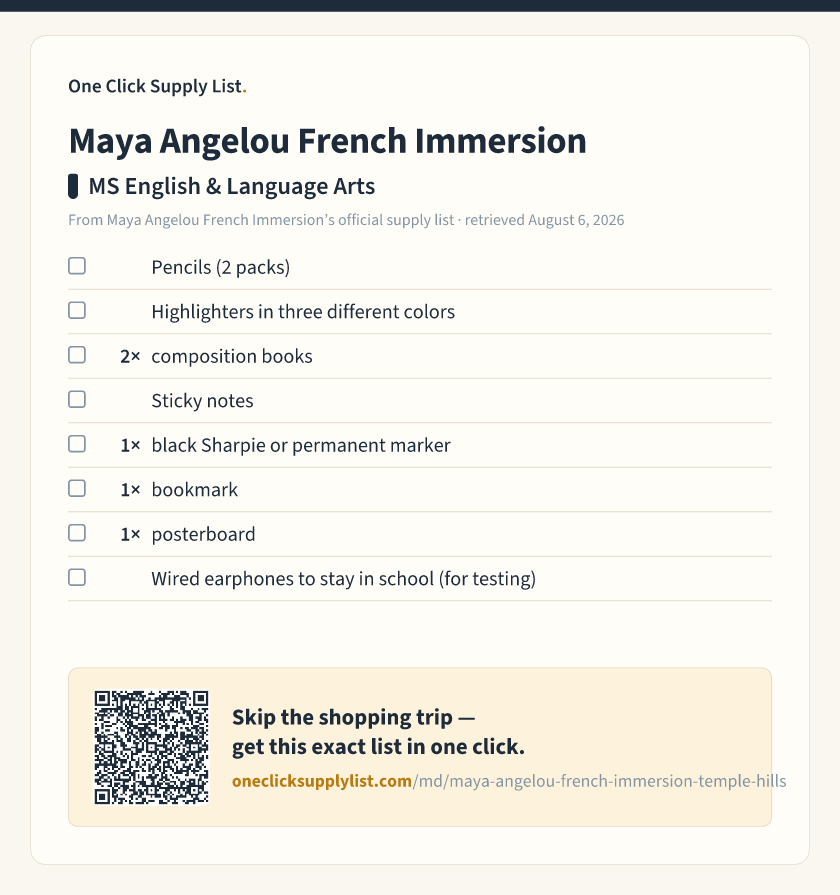 Maya Angelou French Immersion MS English & Language Arts supply list — printable image