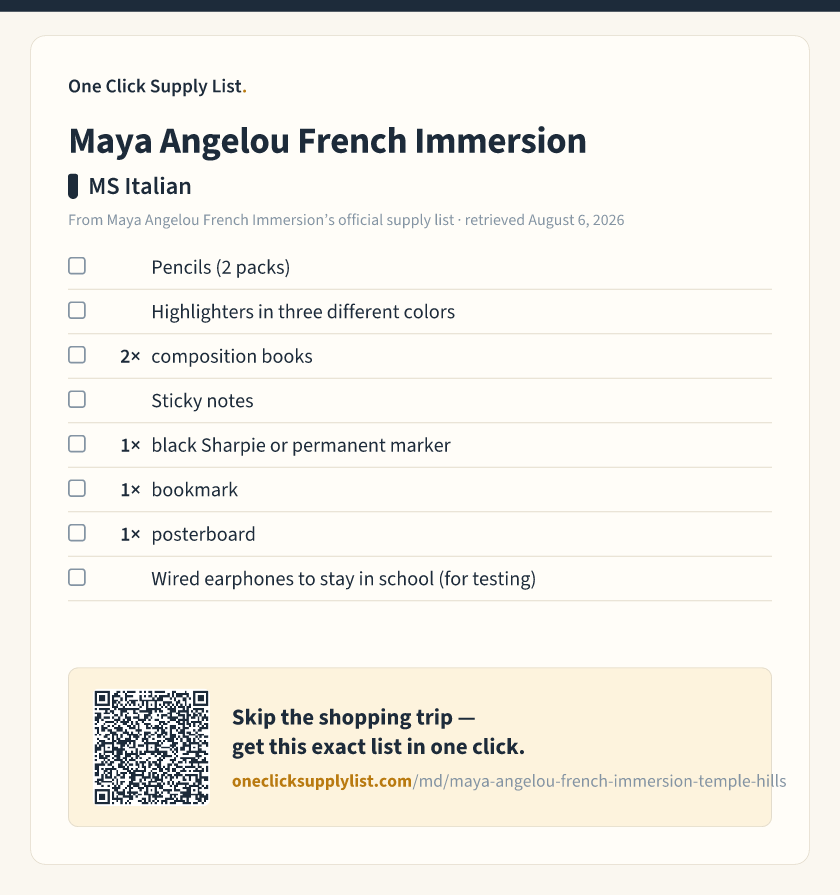 Maya Angelou French Immersion MS Italian supply list — printable image