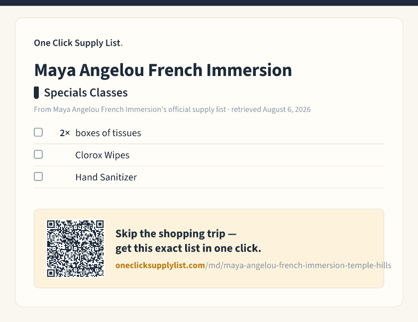 Maya Angelou French Immersion Specials Classes supply list — printable image