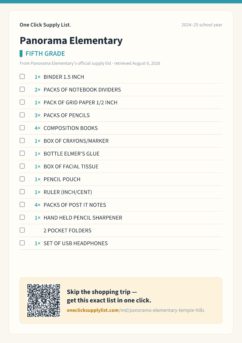 Panorama Elementary FIFTH GRADE supply list — printable image