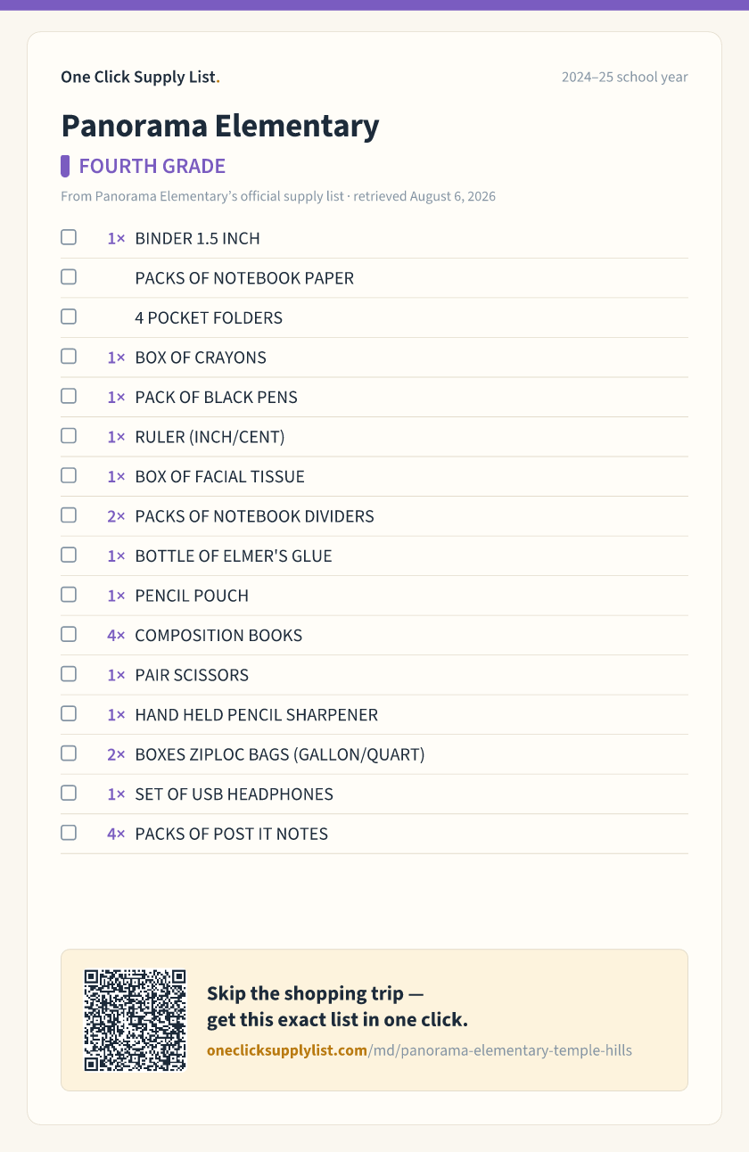 Panorama Elementary FOURTH GRADE supply list — printable image