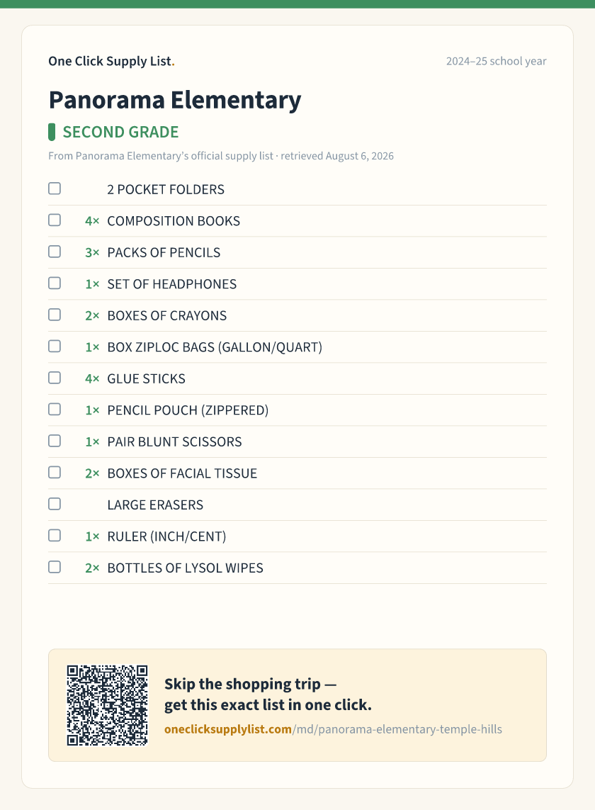 Panorama Elementary SECOND GRADE supply list — printable image