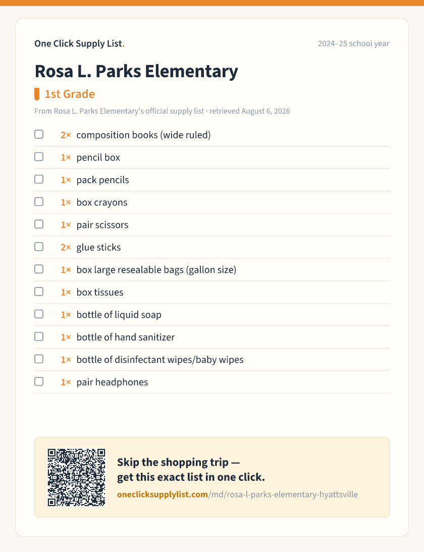 Rosa L. Parks Elementary 1st Grade supply list — printable image