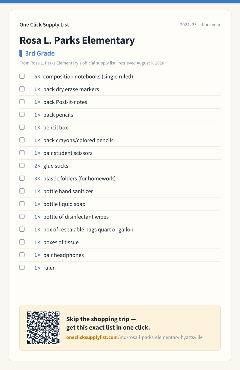 Rosa L. Parks Elementary 3rd Grade supply list — printable image