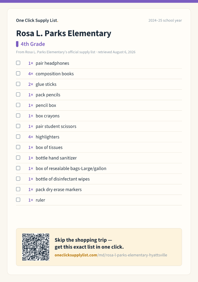 Rosa L. Parks Elementary 4th Grade supply list — printable image