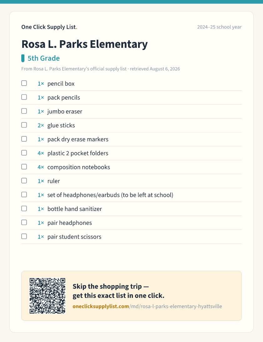 Rosa L. Parks Elementary 5th Grade supply list — printable image