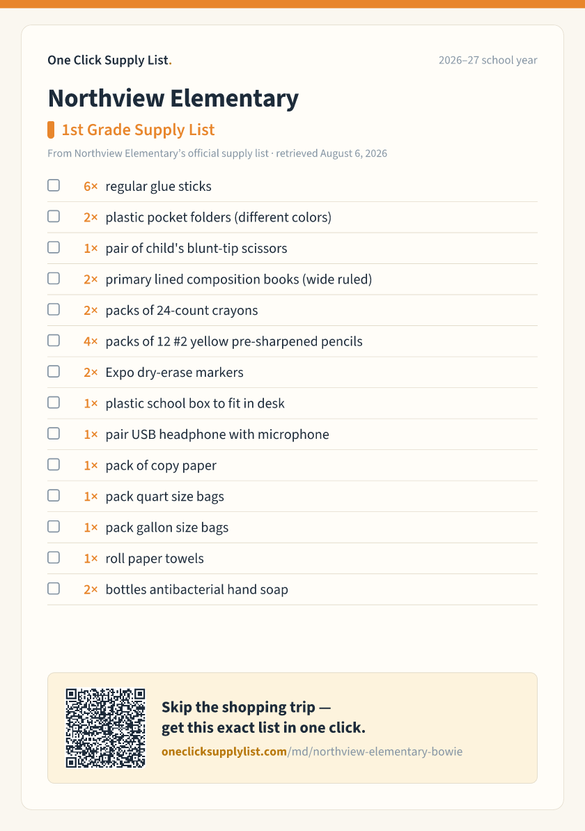 Northview Elementary 1st Grade Supply List supply list — printable image