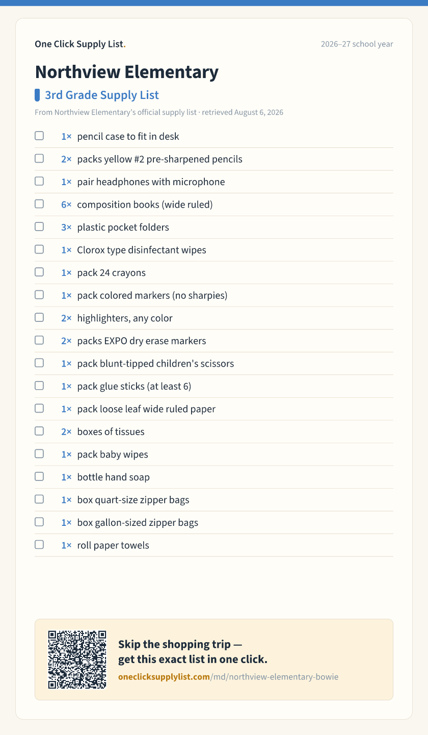Northview Elementary 3rd Grade Supply List supply list — printable image