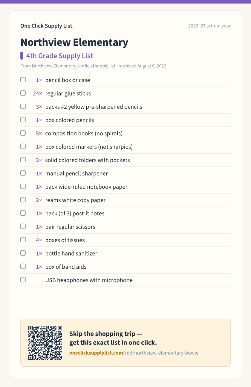 Northview Elementary 4th Grade Supply List supply list — printable image