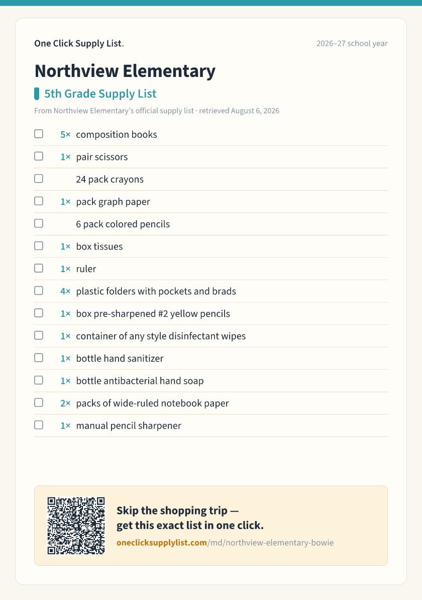 Northview Elementary 5th Grade Supply List supply list — printable image