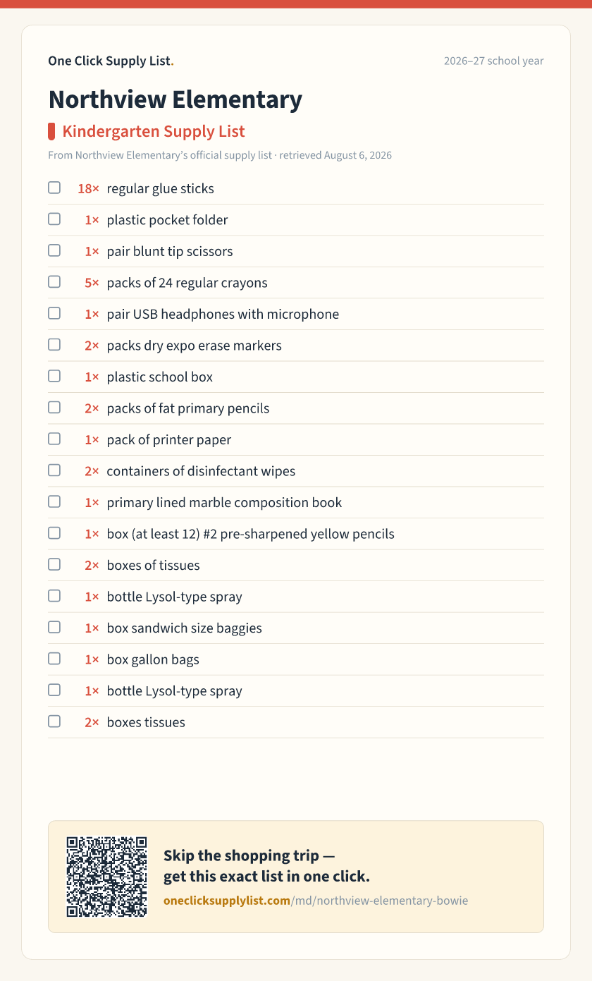 Northview Elementary Kindergarten Supply List supply list — printable image