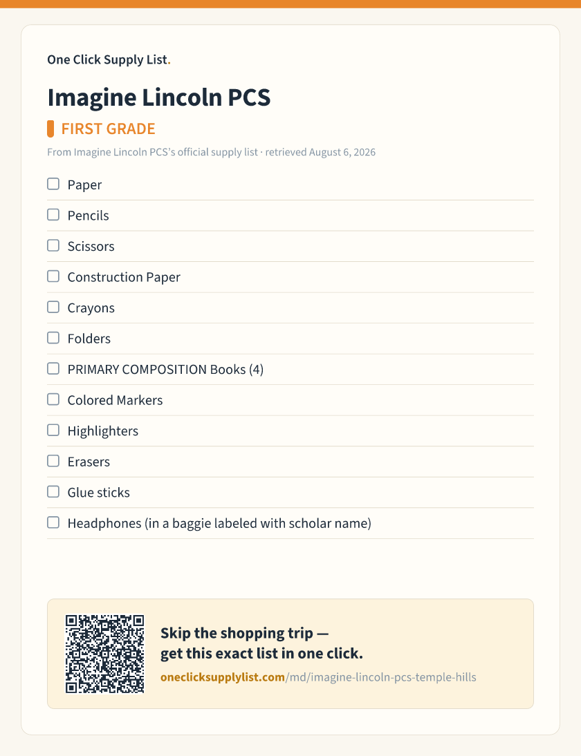 Imagine Lincoln PCS FIRST GRADE supply list — printable image