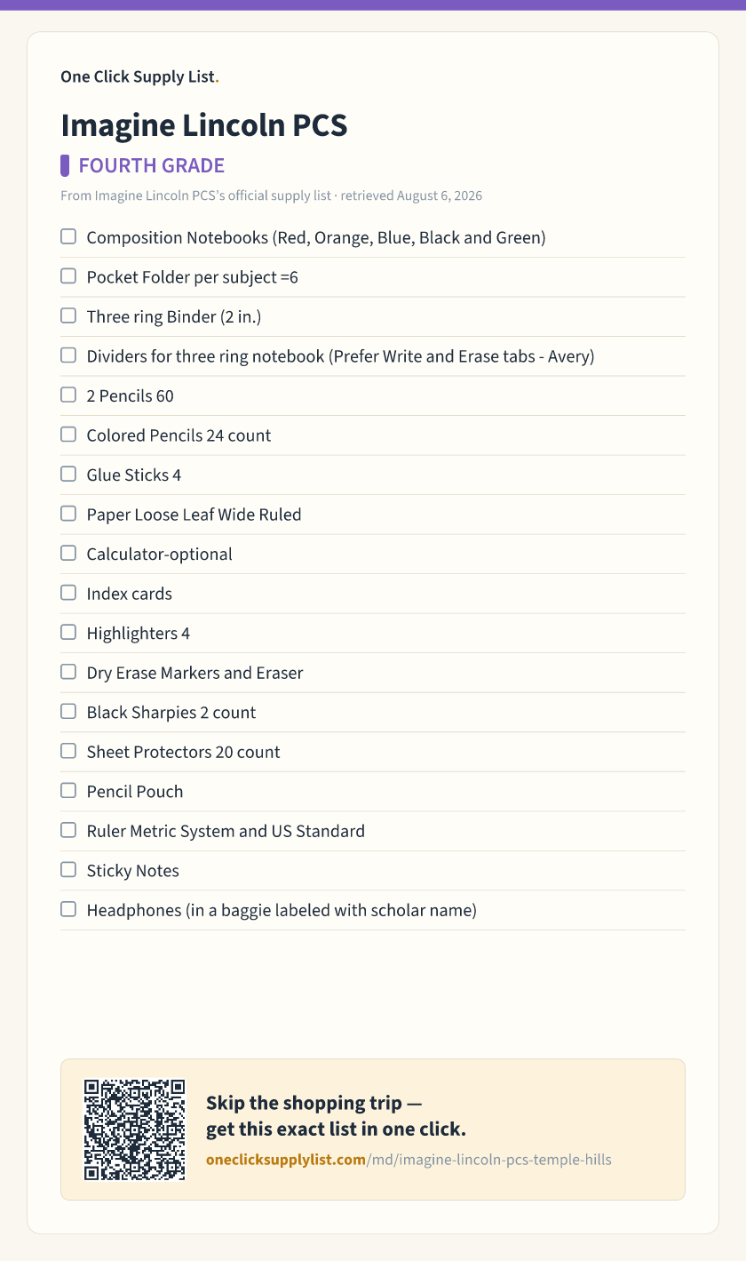 Imagine Lincoln PCS FOURTH GRADE supply list — printable image