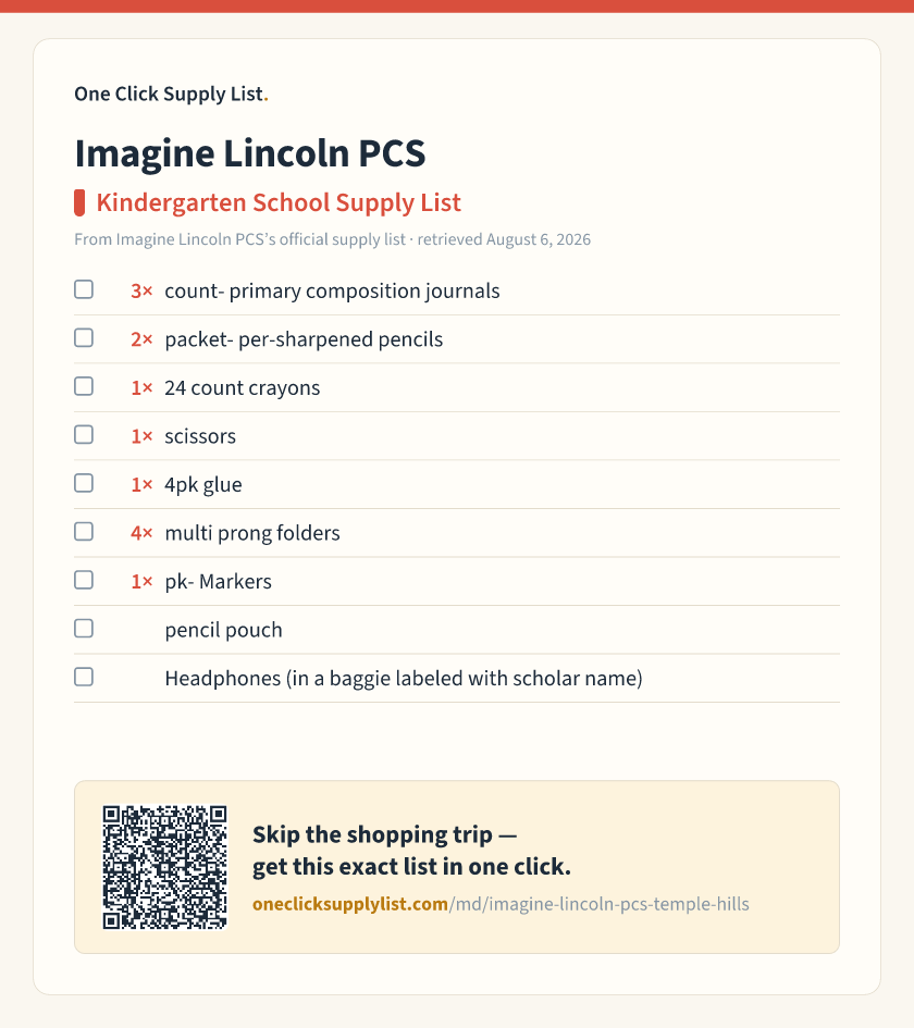 Imagine Lincoln PCS Kindergarten School Supply List supply list — printable image