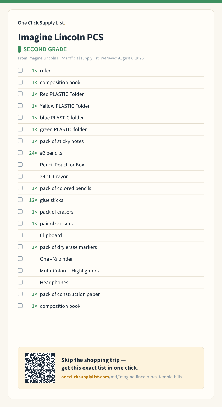 Imagine Lincoln PCS SECOND GRADE supply list — printable image