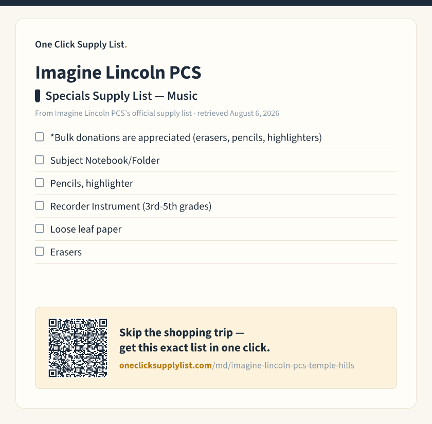 Imagine Lincoln PCS Specials Supply List — Music supply list — printable image
