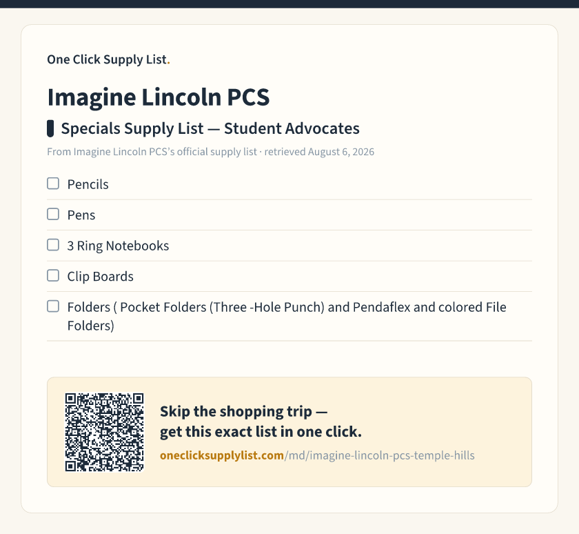 Imagine Lincoln PCS Specials Supply List — Student Advocates supply list — printable image
