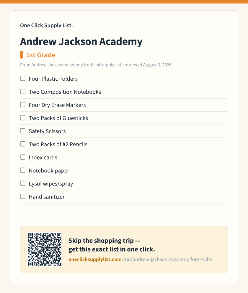 Andrew Jackson Academy 1st Grade supply list — printable image