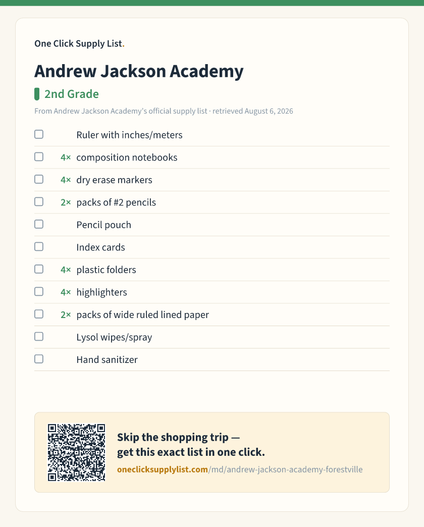 Andrew Jackson Academy 2nd Grade supply list — printable image