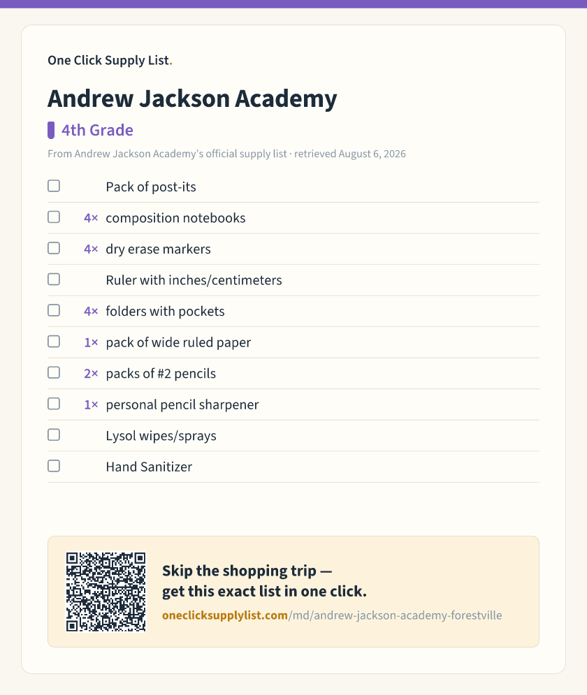 Andrew Jackson Academy 4th Grade supply list — printable image