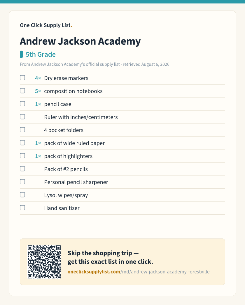 Andrew Jackson Academy 5th Grade supply list — printable image