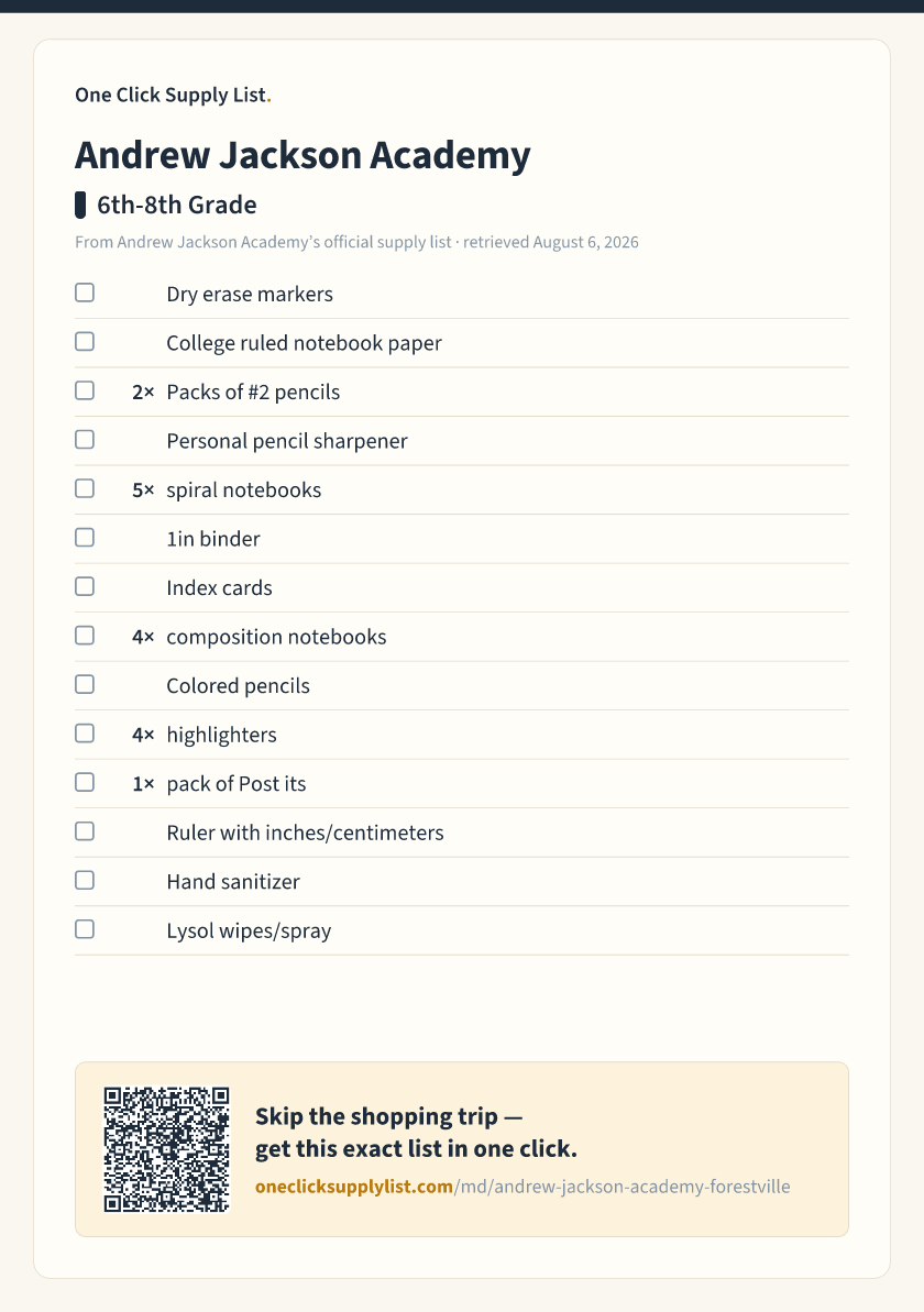 Andrew Jackson Academy 6th-8th Grade supply list — printable image