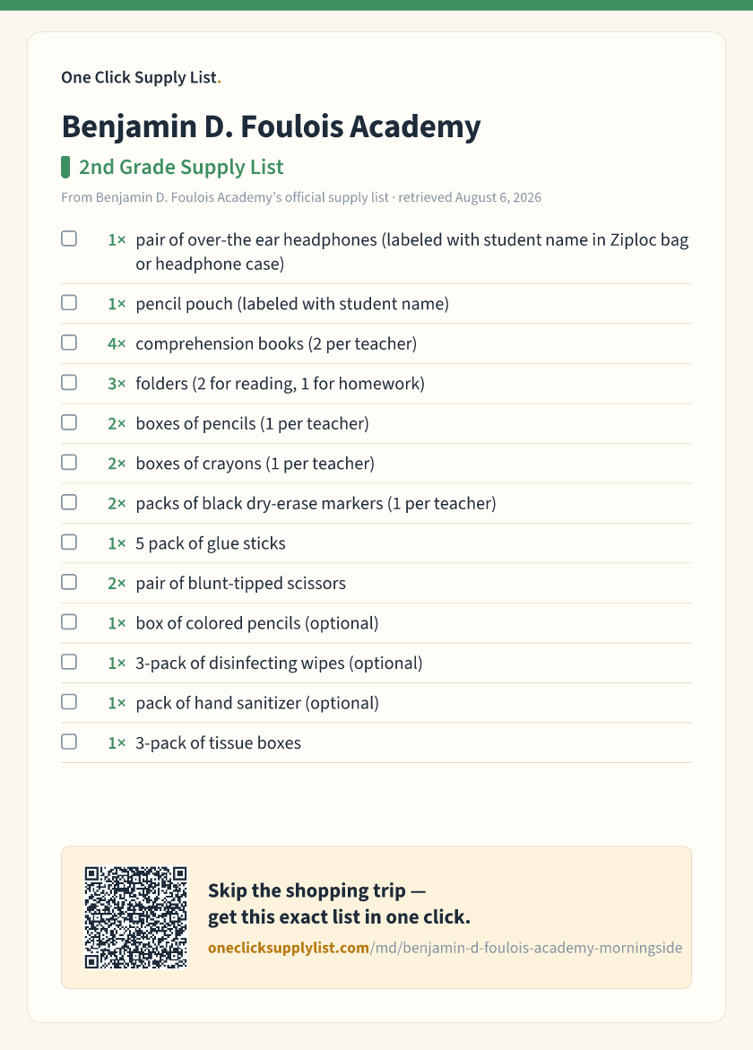 Benjamin D. Foulois Academy 2nd Grade Supply List supply list — printable image