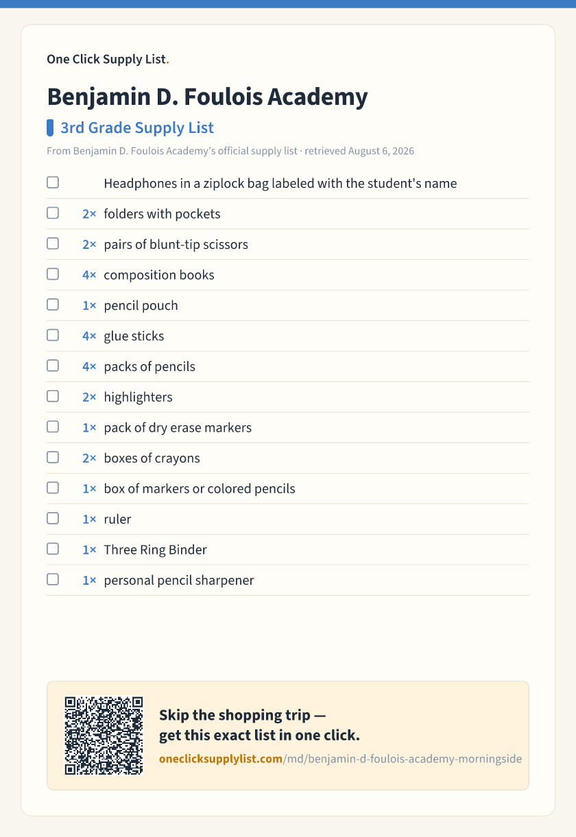 Benjamin D. Foulois Academy 3rd Grade Supply List supply list — printable image