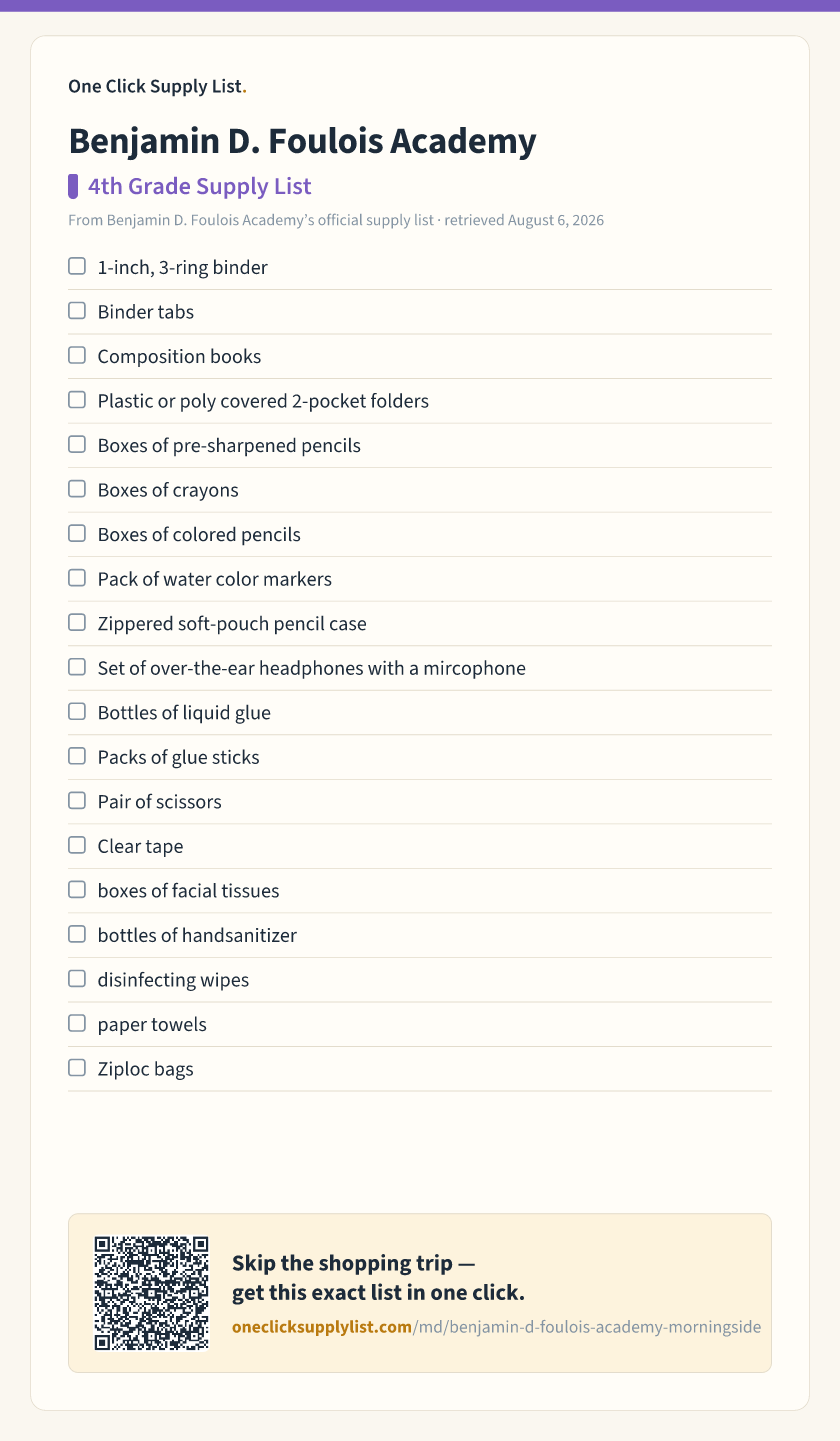 Benjamin D. Foulois Academy 4th Grade Supply List supply list — printable image