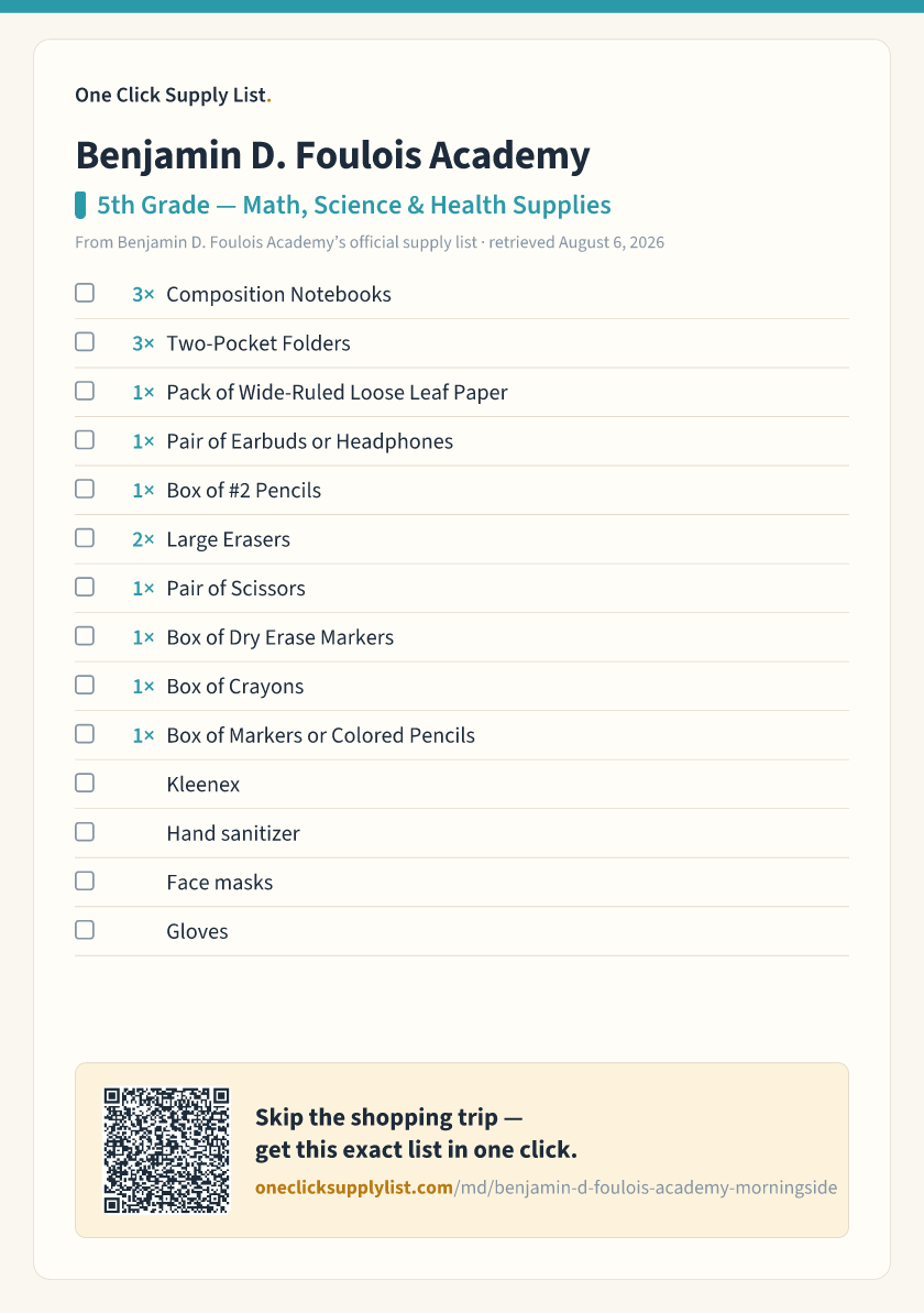 Benjamin D. Foulois Academy 5th Grade — Math, Science & Health Supplies supply list — printable image