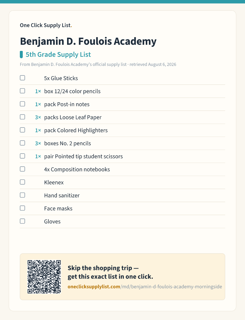 Benjamin D. Foulois Academy 5th Grade Supply List supply list — printable image