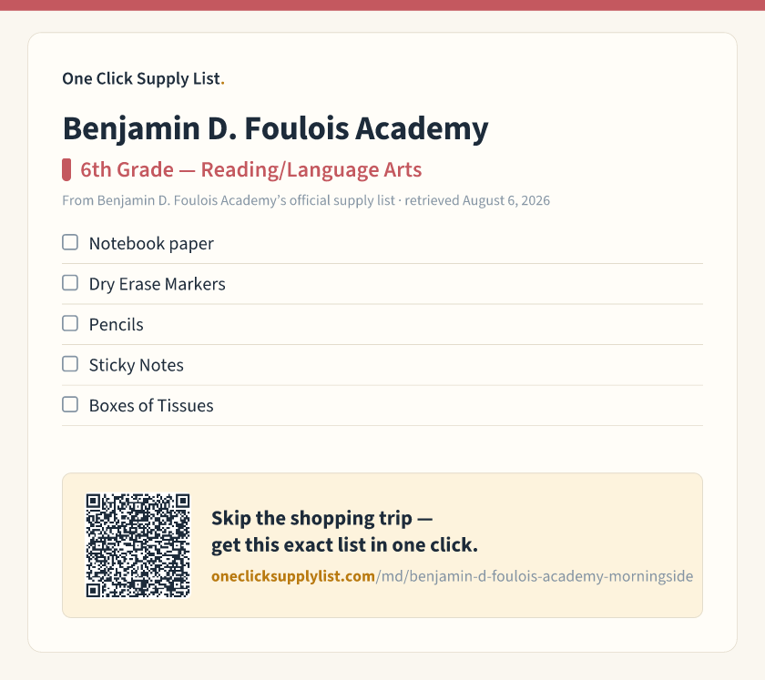 Benjamin D. Foulois Academy 6th Grade — Reading/Language Arts supply list — printable image