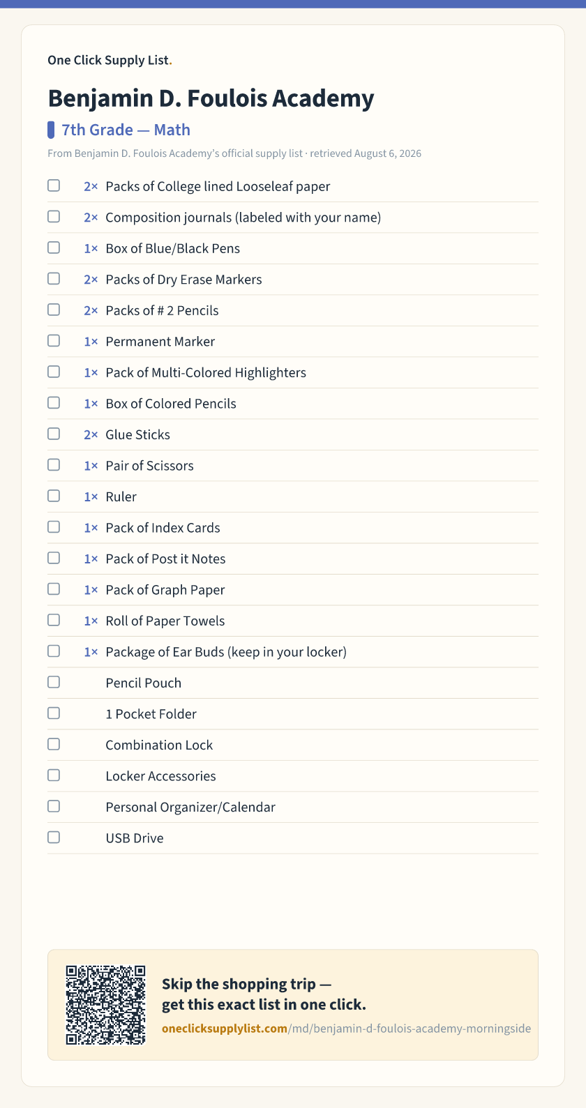 Benjamin D. Foulois Academy 7th Grade — Math supply list — printable image