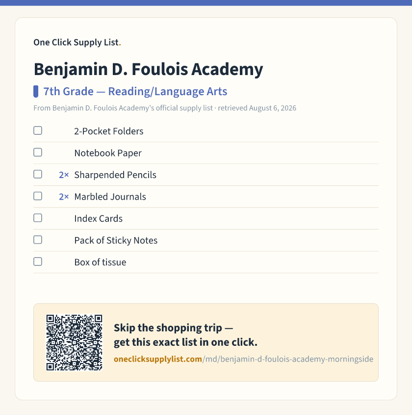Benjamin D. Foulois Academy 7th Grade — Reading/Language Arts supply list — printable image