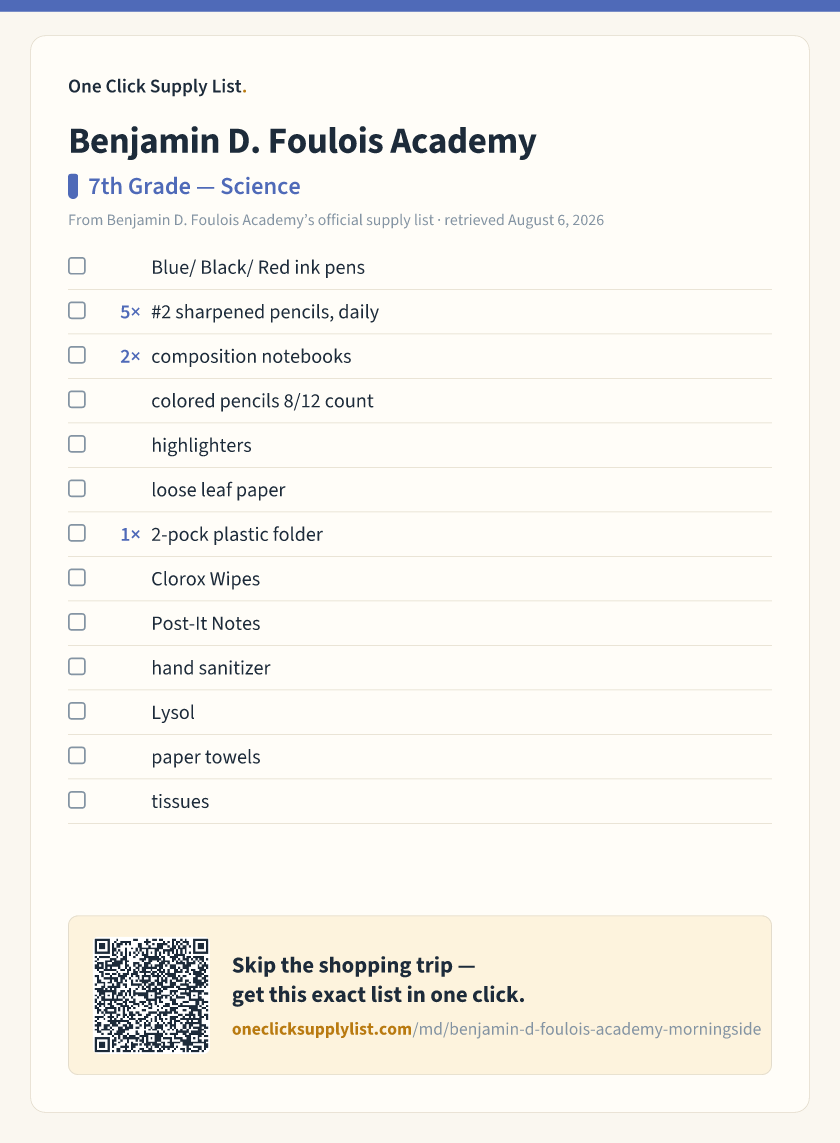 Benjamin D. Foulois Academy 7th Grade — Science supply list — printable image