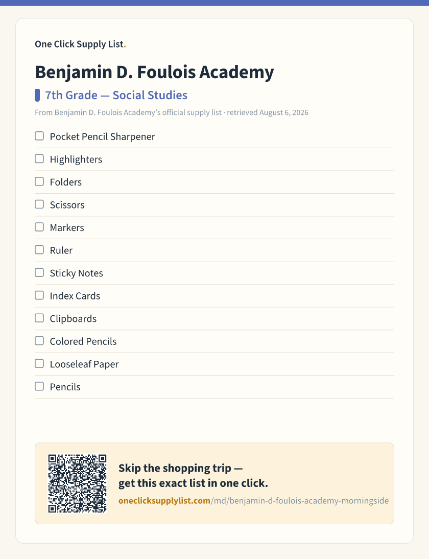 Benjamin D. Foulois Academy 7th Grade — Social Studies supply list — printable image