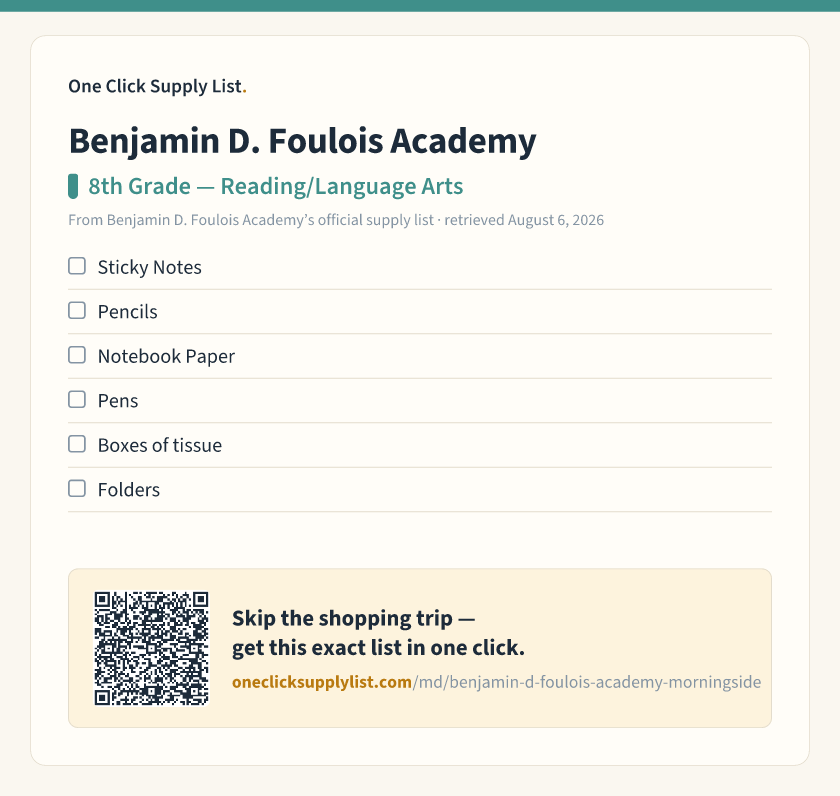 Benjamin D. Foulois Academy 8th Grade — Reading/Language Arts supply list — printable image