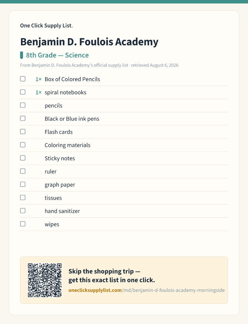 Benjamin D. Foulois Academy 8th Grade — Science supply list — printable image