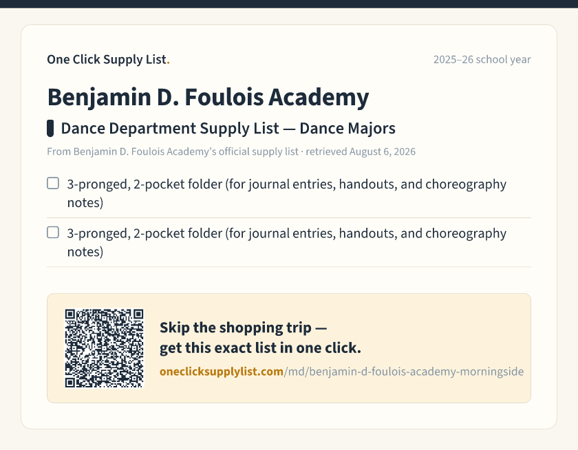 Benjamin D. Foulois Academy Dance Department Supply List — Dance Majors supply list — printable image