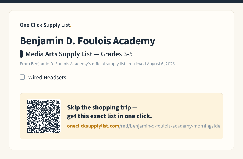 Benjamin D. Foulois Academy Media Arts Supply List — Grades 3-5 supply list — printable image