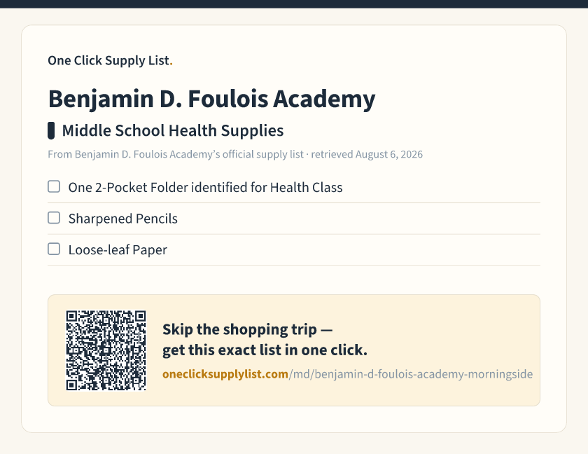 Benjamin D. Foulois Academy Middle School Health Supplies supply list — printable image