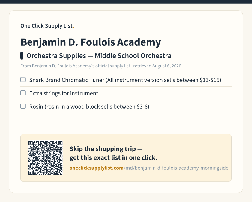 Benjamin D. Foulois Academy Orchestra Supplies — Middle School Orchestra supply list — printable image