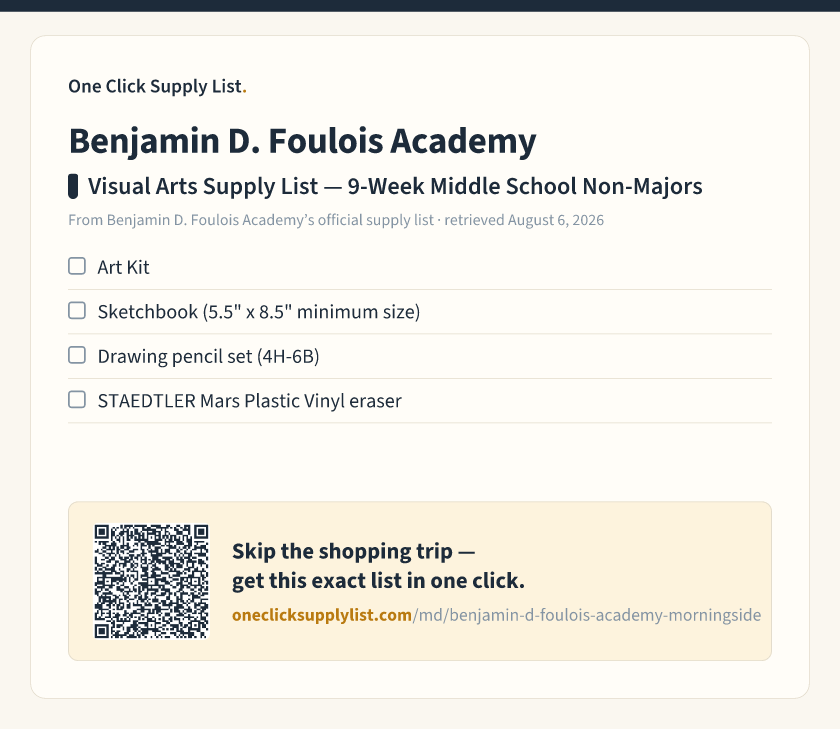 Benjamin D. Foulois Academy Visual Arts Supply List — 9-Week Middle School Non-Majors supply list — printable image
