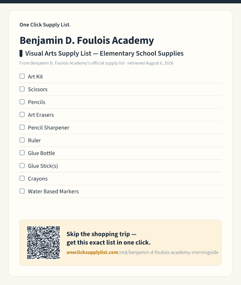 Benjamin D. Foulois Academy Visual Arts Supply List — Elementary School Supplies supply list — printable image