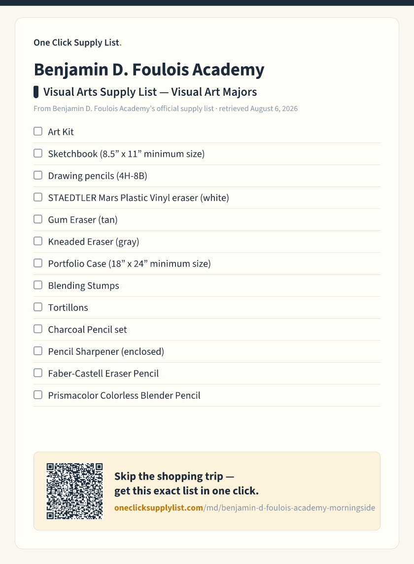Benjamin D. Foulois Academy Visual Arts Supply List — Visual Art Majors supply list — printable image